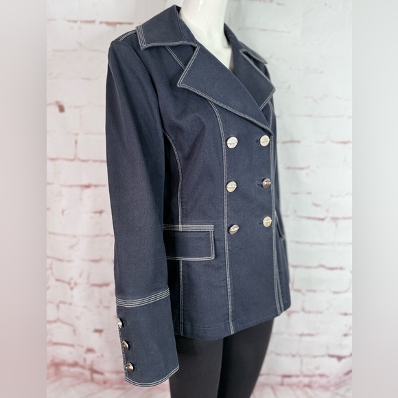 ST. JOHN Sport M Nautical Double Breasted Navy Cotton Blend Blazer Silver Button - Picture 9 of 14